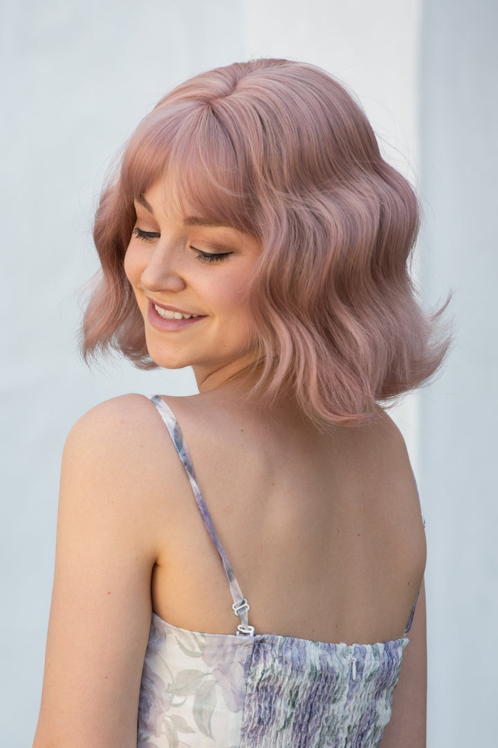 Ash Pink Wavy Synthetic Wig with Bangs Karter