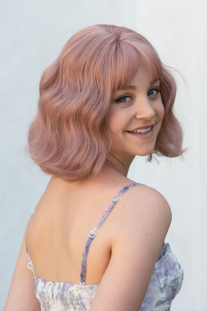 Ash Pink Wavy Synthetic Wig with Bangs Karter