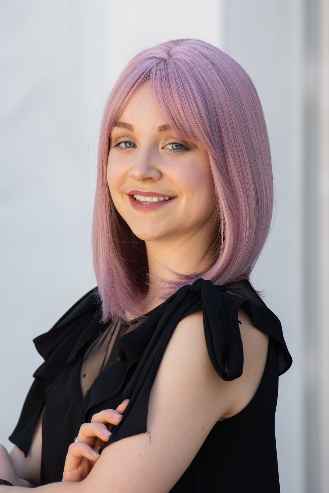 Ash Pink Straight Synthetic Bob Wig with Bangs Kate