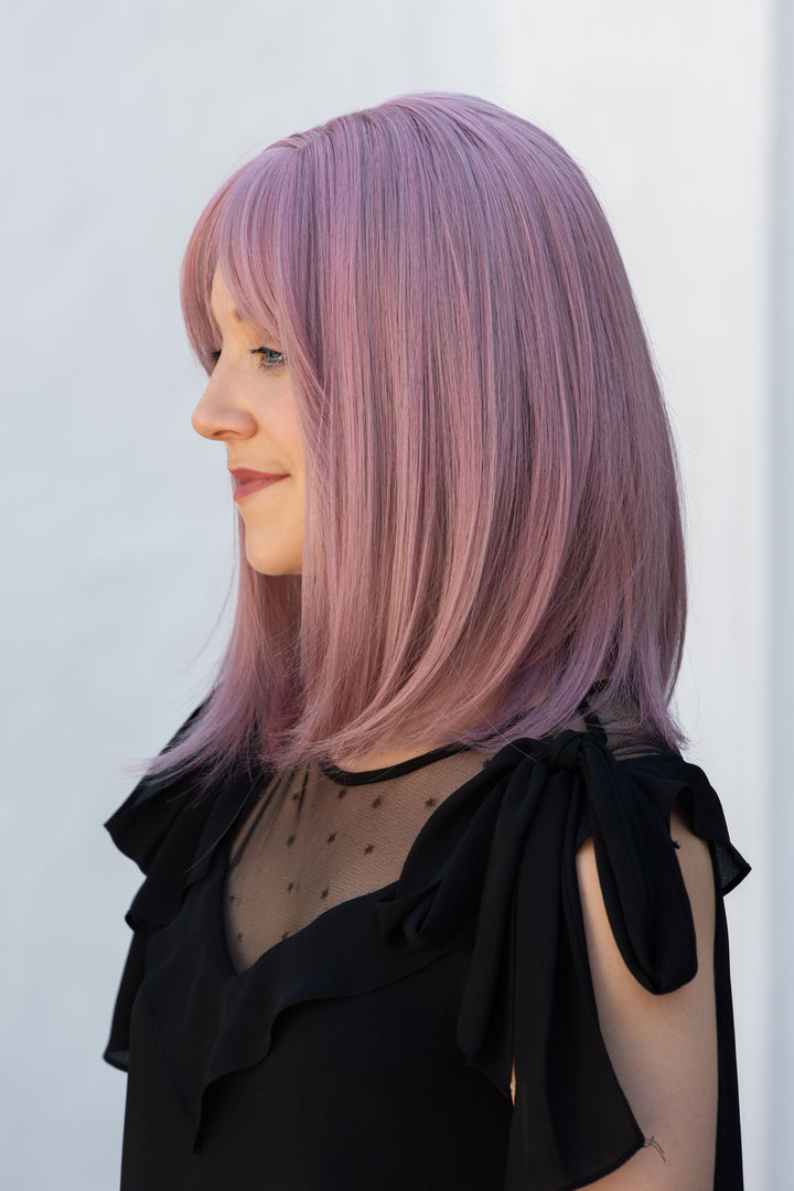Ash Pink Straight Synthetic Bob Wig with Bangs Kate