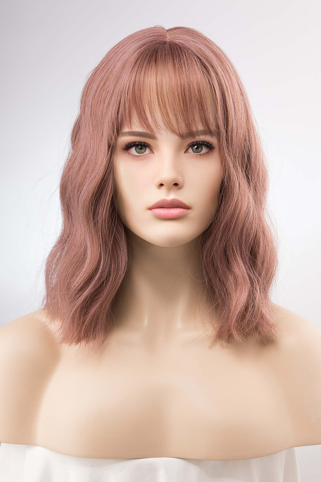 Rose Gold Pink Wavy Wig with Bangs Keily
