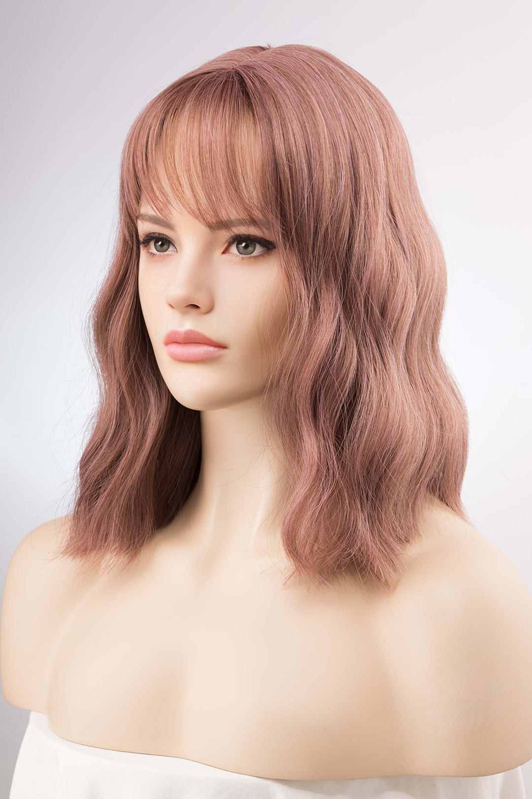 Rose Gold Pink Wavy Wig with Bangs Keily