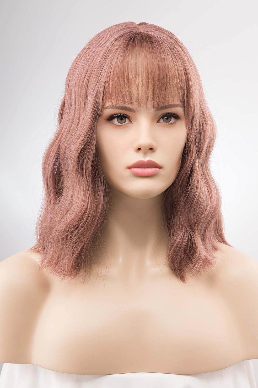 Rose Gold Pink Wavy Wig with Bangs Keily