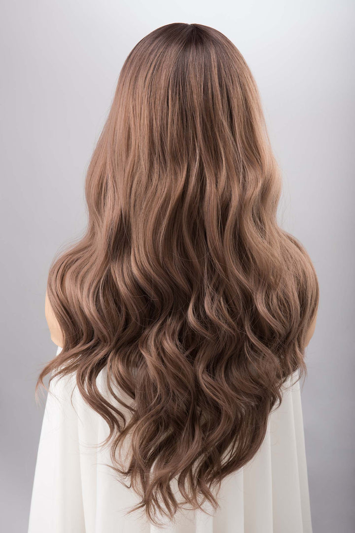 Smokey Light Brown Chestnut Long Wavy Wig with Bangs Kelsey