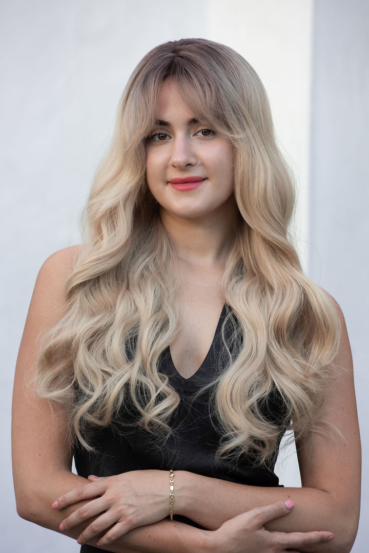 Light Blonde Wig with Bangs Long Wavy Wig with Dark Roots Kenna