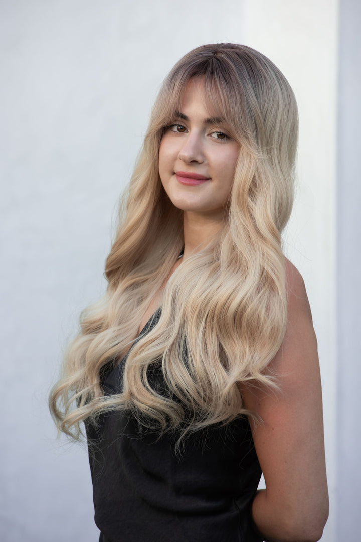 Light Blonde Wig with Bangs Long Wavy Wig with Dark Roots Kenna