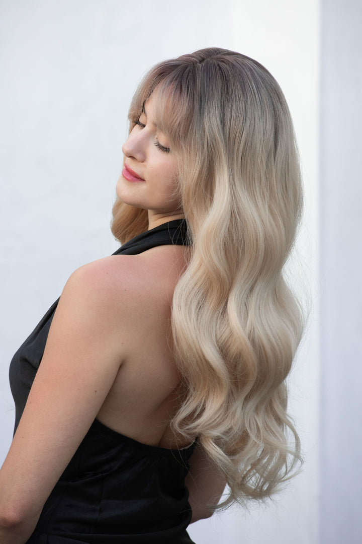 Light Blonde Ombre Wavy Synthetic Wig with Bangs Kenna