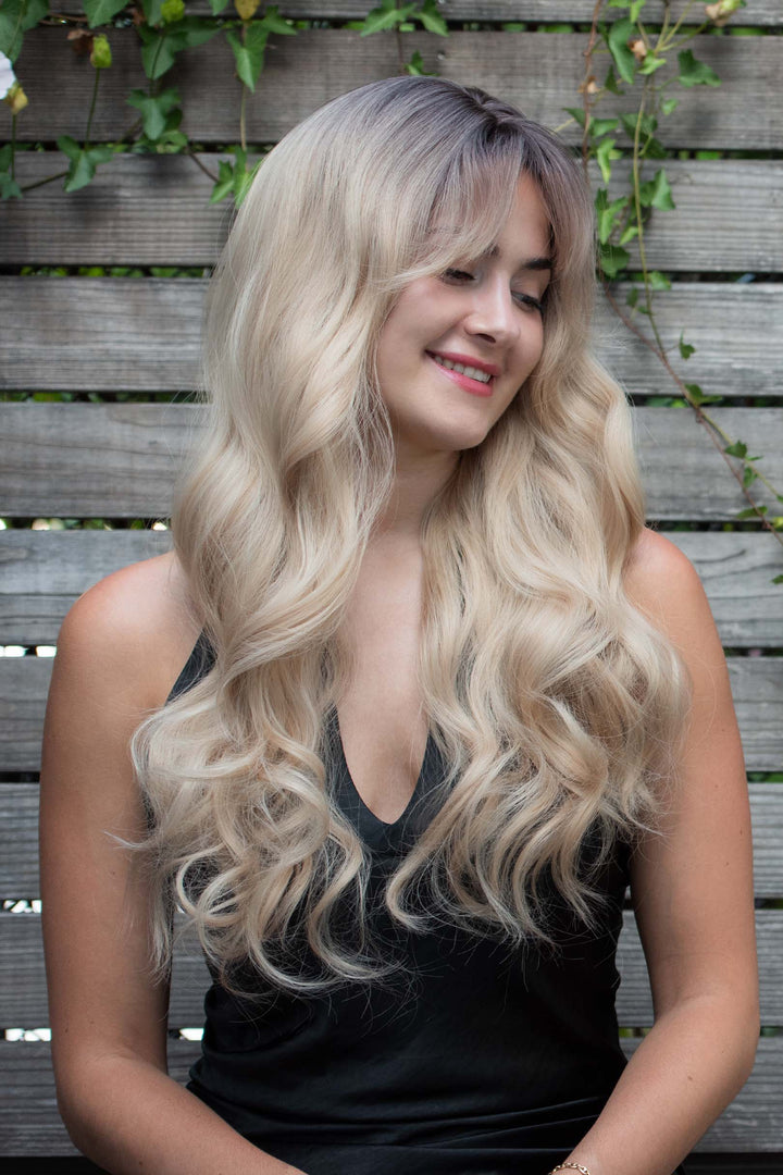 Light Blonde Wig with Bangs Long Wavy Wig with Dark Roots Kenna