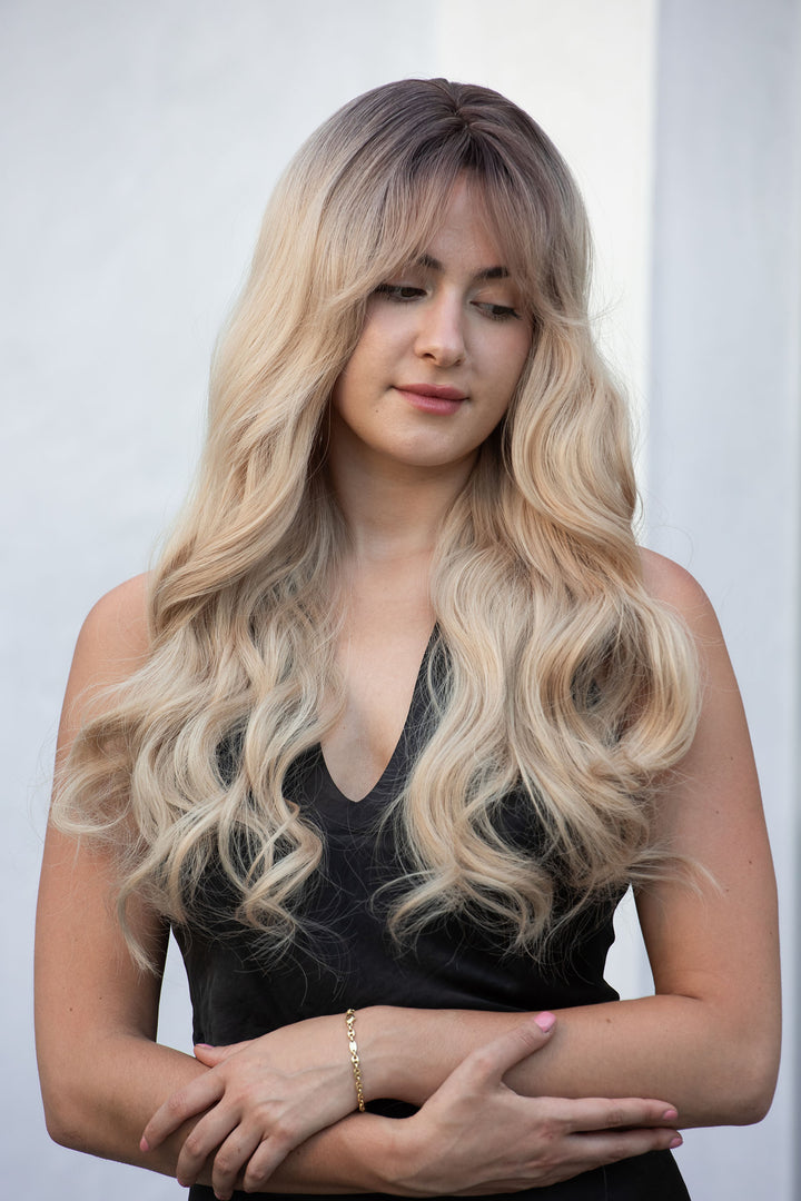 Light Blonde Wig with Bangs Long Wavy Wig with Dark Roots Kenna