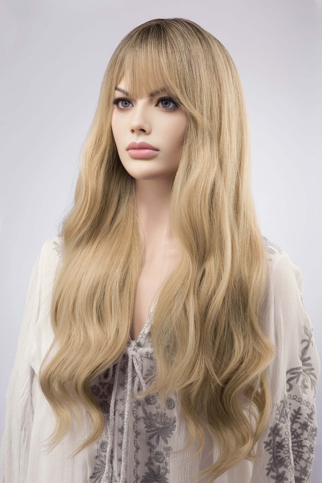 Light Blonde Wig with Bangs Long Wavy Wig with Dark Roots Kenna