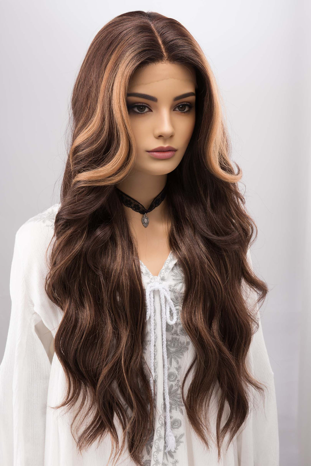 Brunette Lace Front Wig with Blonde Highlight Side Bangs Kyra