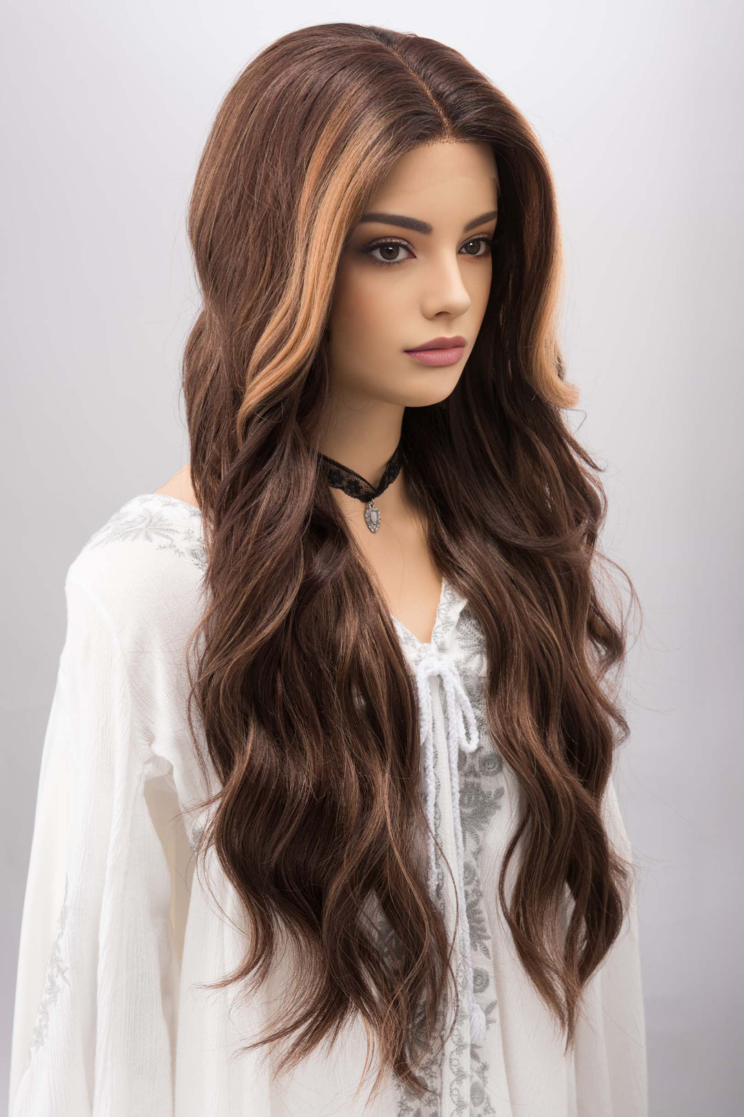 Brunette Lace Front Wig with Blonde Highlight Side Bangs Kyra