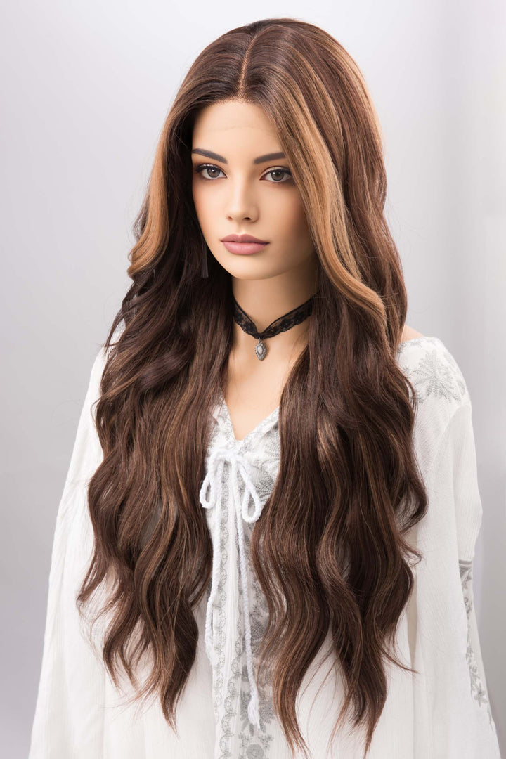 Brunette Lace Front Wig with Blonde Highlight Side Bangs Kyra