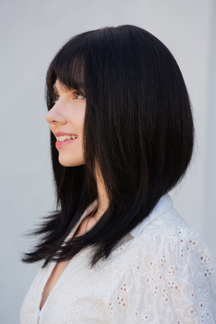 Straight Long Bob Cut Wig Natural Black Wig with Bangs