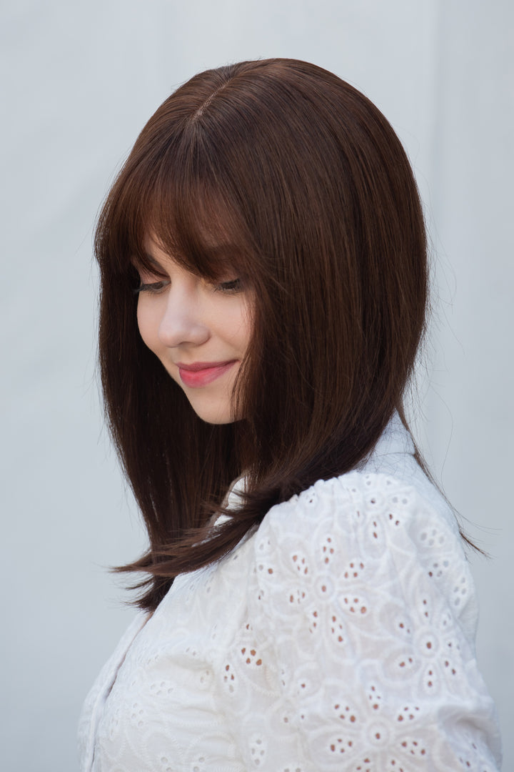 Straight Long Bob Cut Wig Natural Brown Brunette Wig with Bangs