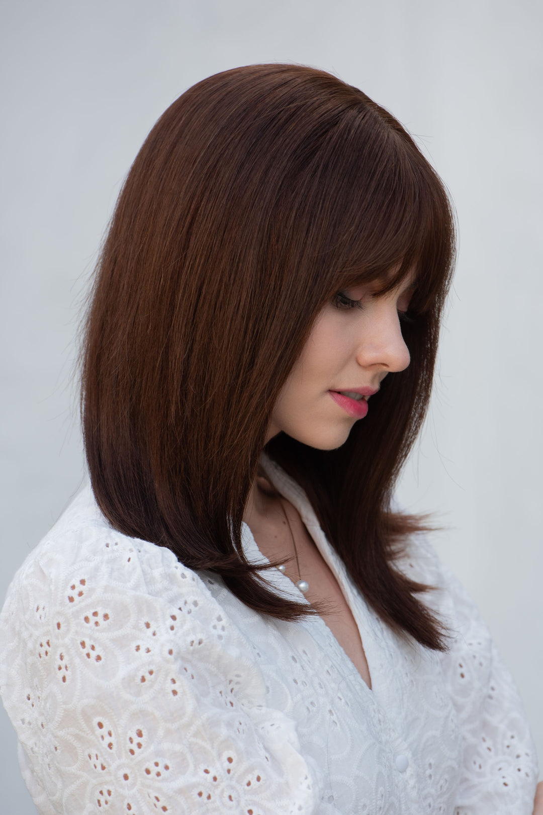 Straight Long Bob Cut Wig Natural Brown Brunette Wig with Bangs