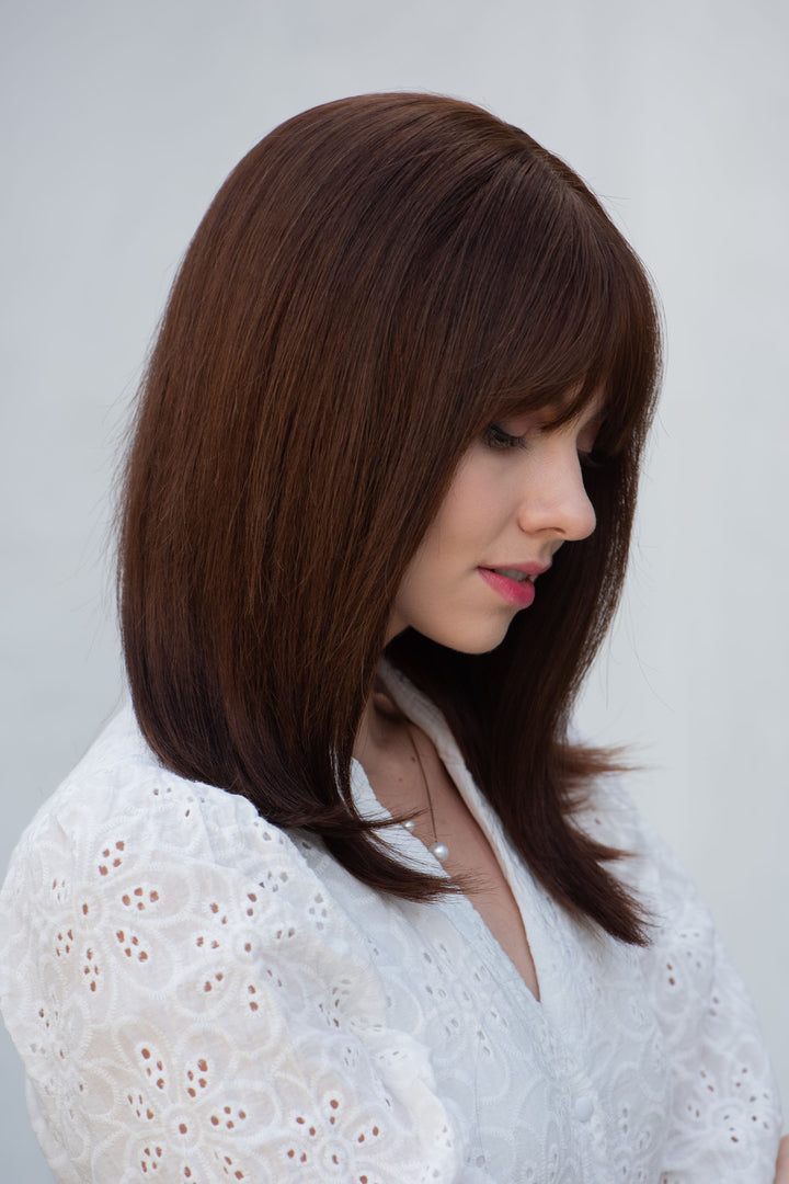 Straight Long Bob Cut Wig Natural Brown Brunette Wig with Bangs