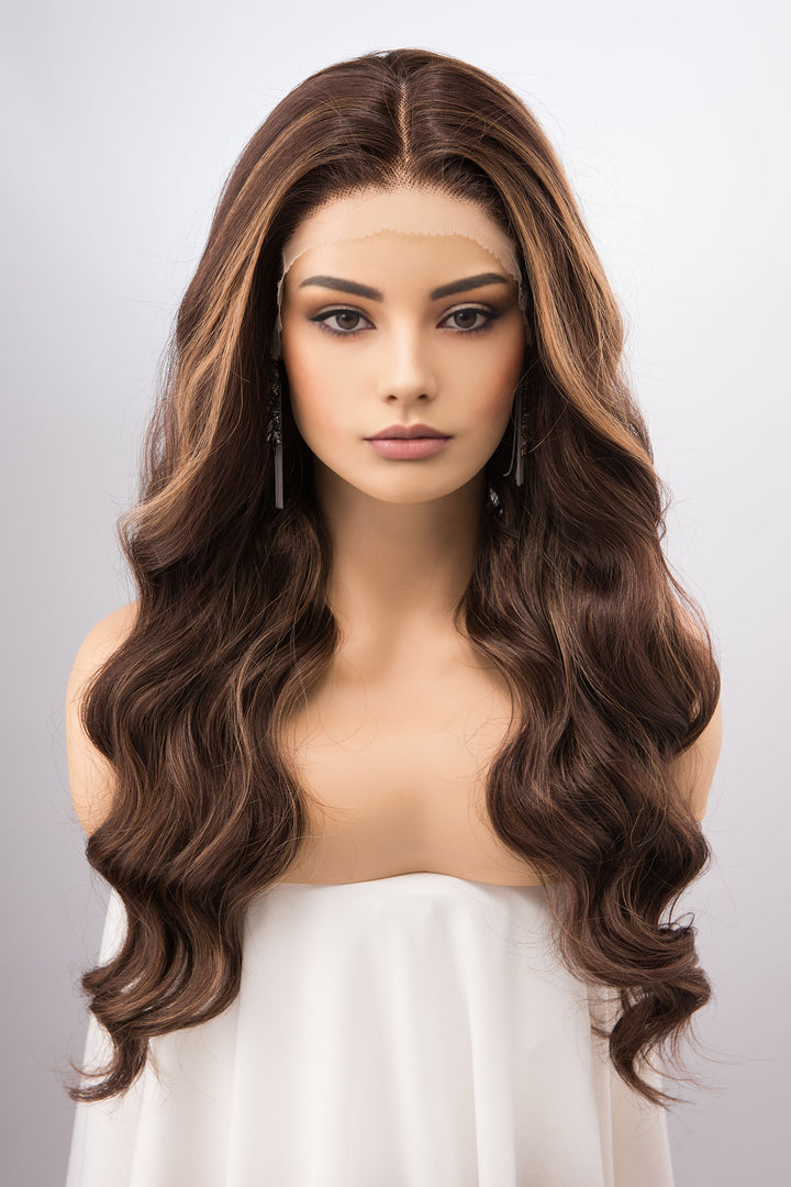 Natural Brown with Dark Blonde Highlight Balayage Lace Wig Middle Part Madeline