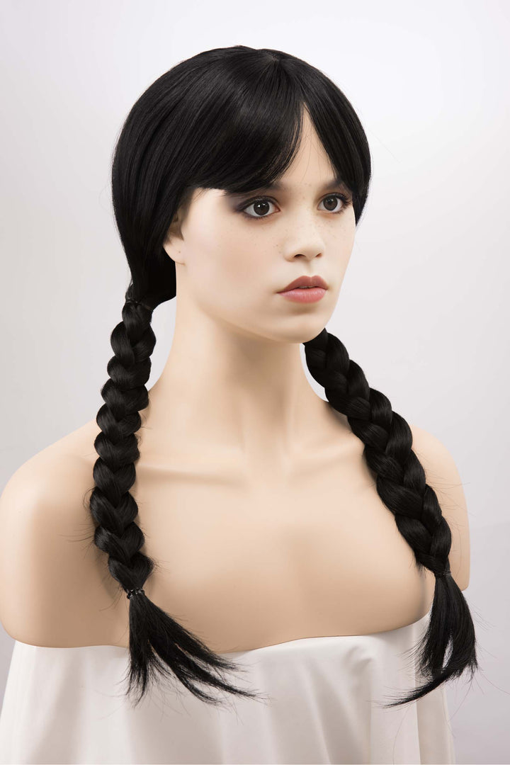 Wednesdays Cosplay Wig Black Wig with Bangs Silky Long Straight Gothic Wig Maeve