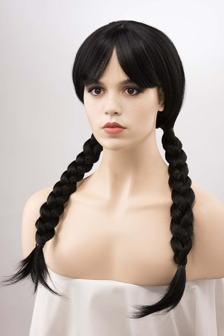 Wednesdays Cosplay Wig Black Wig with Bangs Silky Long Straight Gothic Wig Maeve