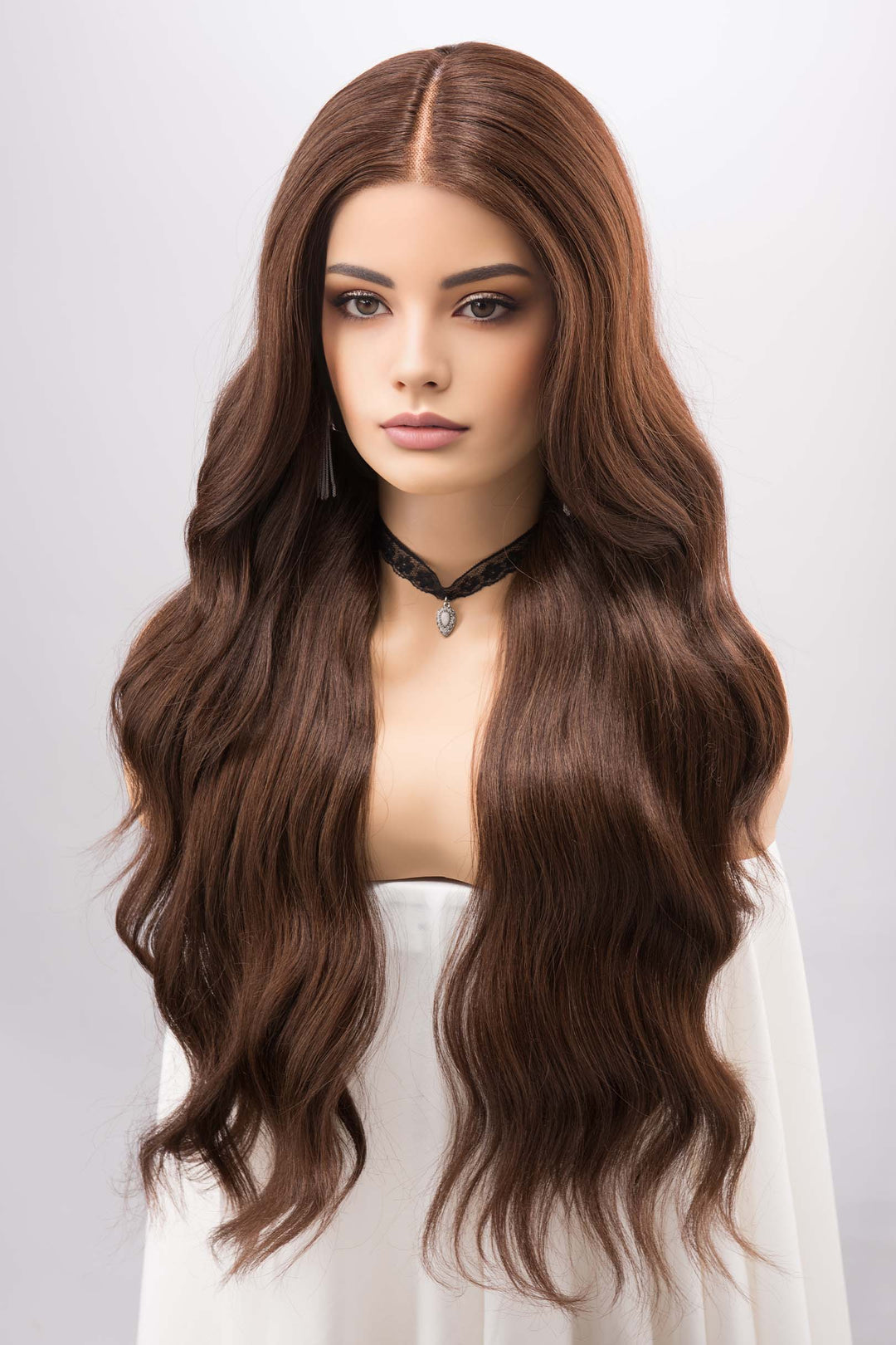 Chocolate Brown Long Wavy Lace Front Wig Middle T Part Lace Malani
