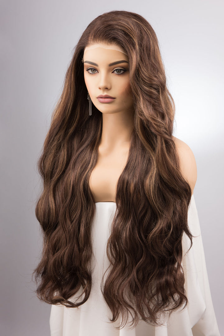 Brown Blonde Highlight Wavy 13" X 6" Lace Top Synthetic Hair Wig Mallory