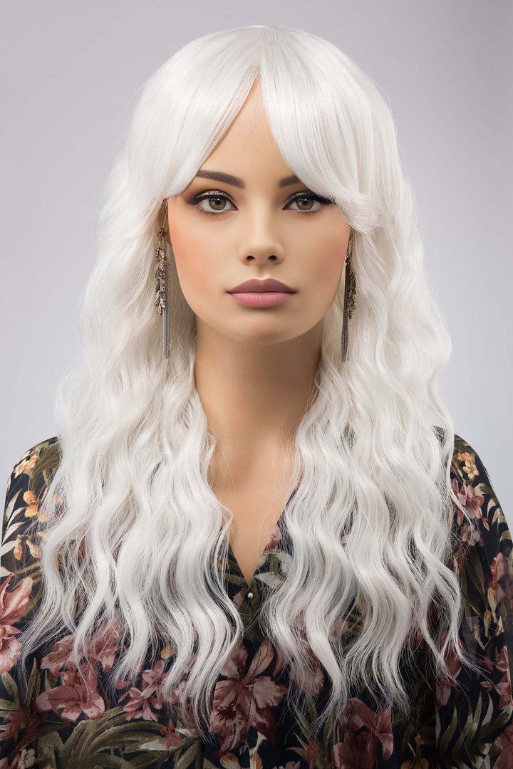 Pearl White Wavy Synthetic Wig with Bangs Marlon