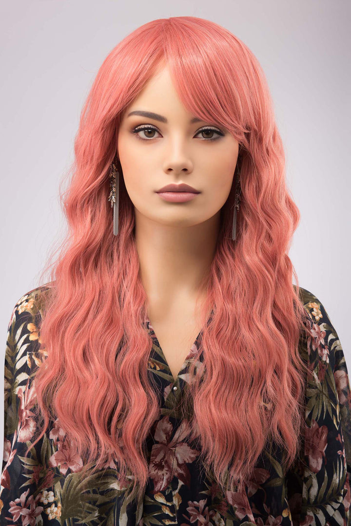 Coral Pastel Pink Wavy Synthetic Wig with Bangs Meera