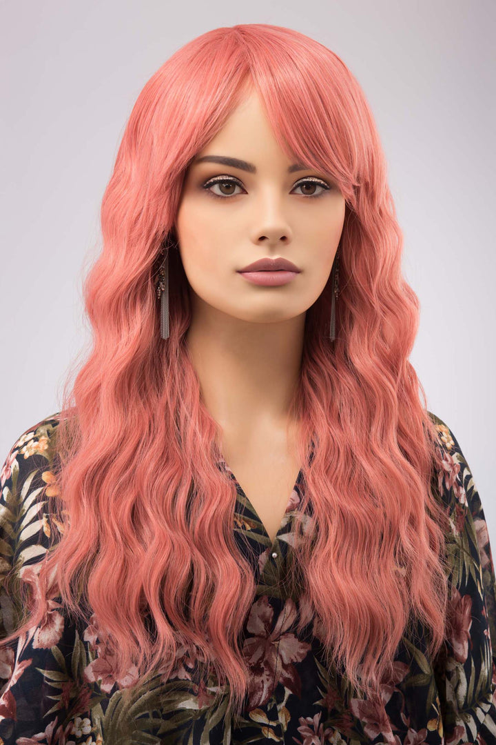 Coral Pastel Pink Wavy Synthetic Wig with Bangs Meera