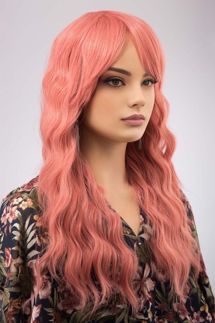 Coral Pastel Pink Wavy Synthetic Wig with Bangs Meera
