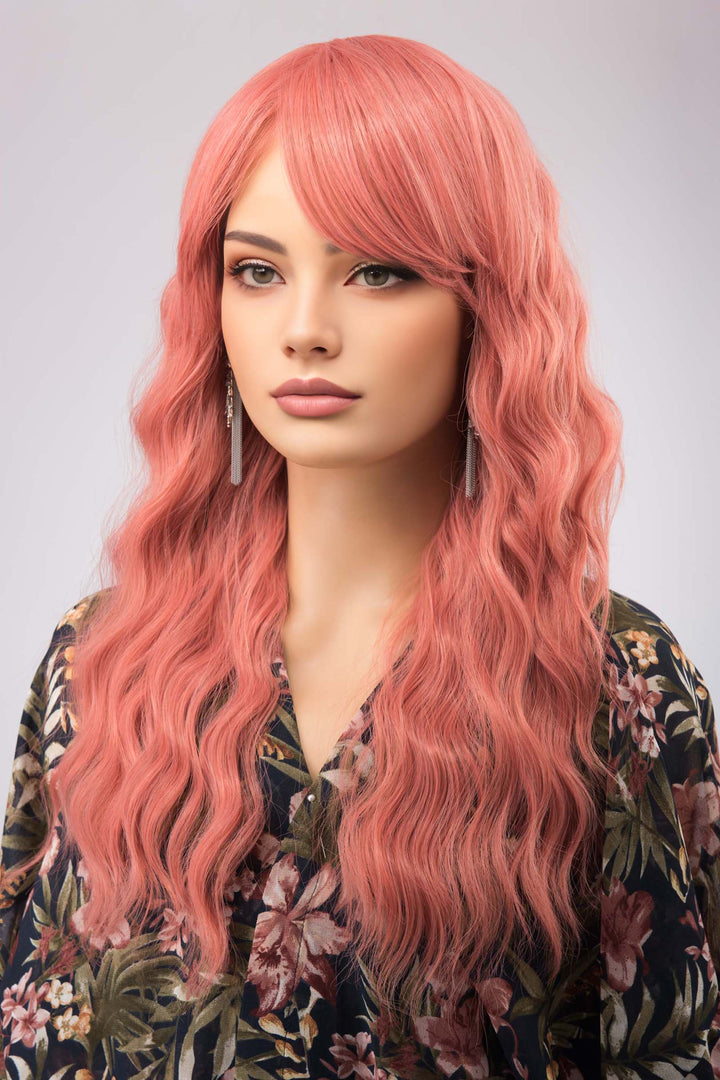 Coral Pastel Pink Wavy Synthetic Wig with Bangs Meera