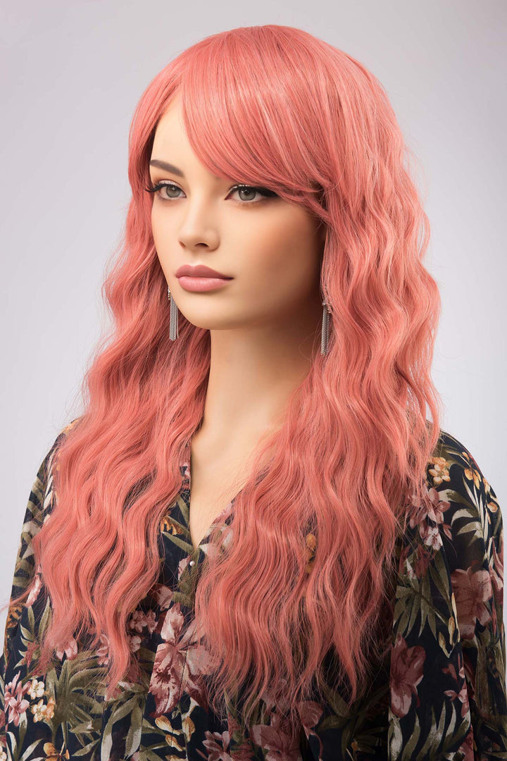Coral Pastel Pink Wavy Synthetic Wig with Bangs Meera