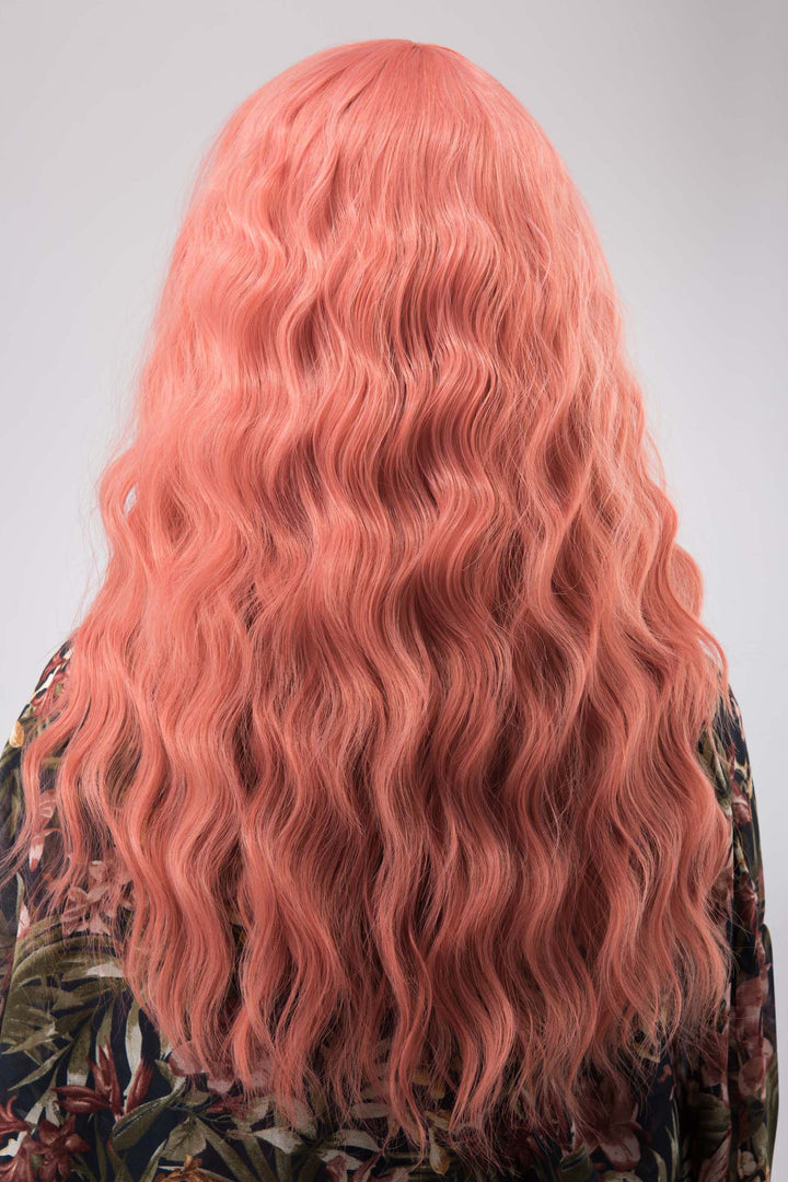 Coral Pastel Pink Wavy Synthetic Wig with Bangs Meera