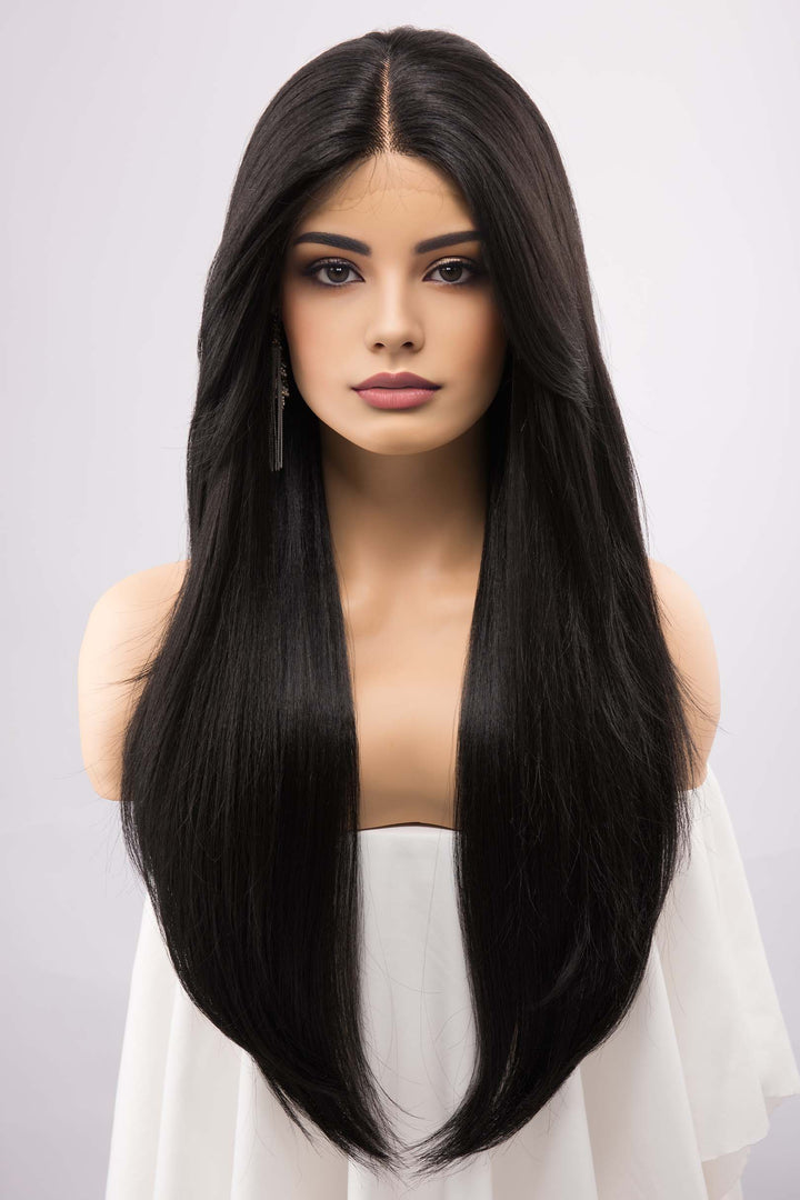 Jet Black Straight Lace Front Synthetic Wig with Curtain Bangs Melody