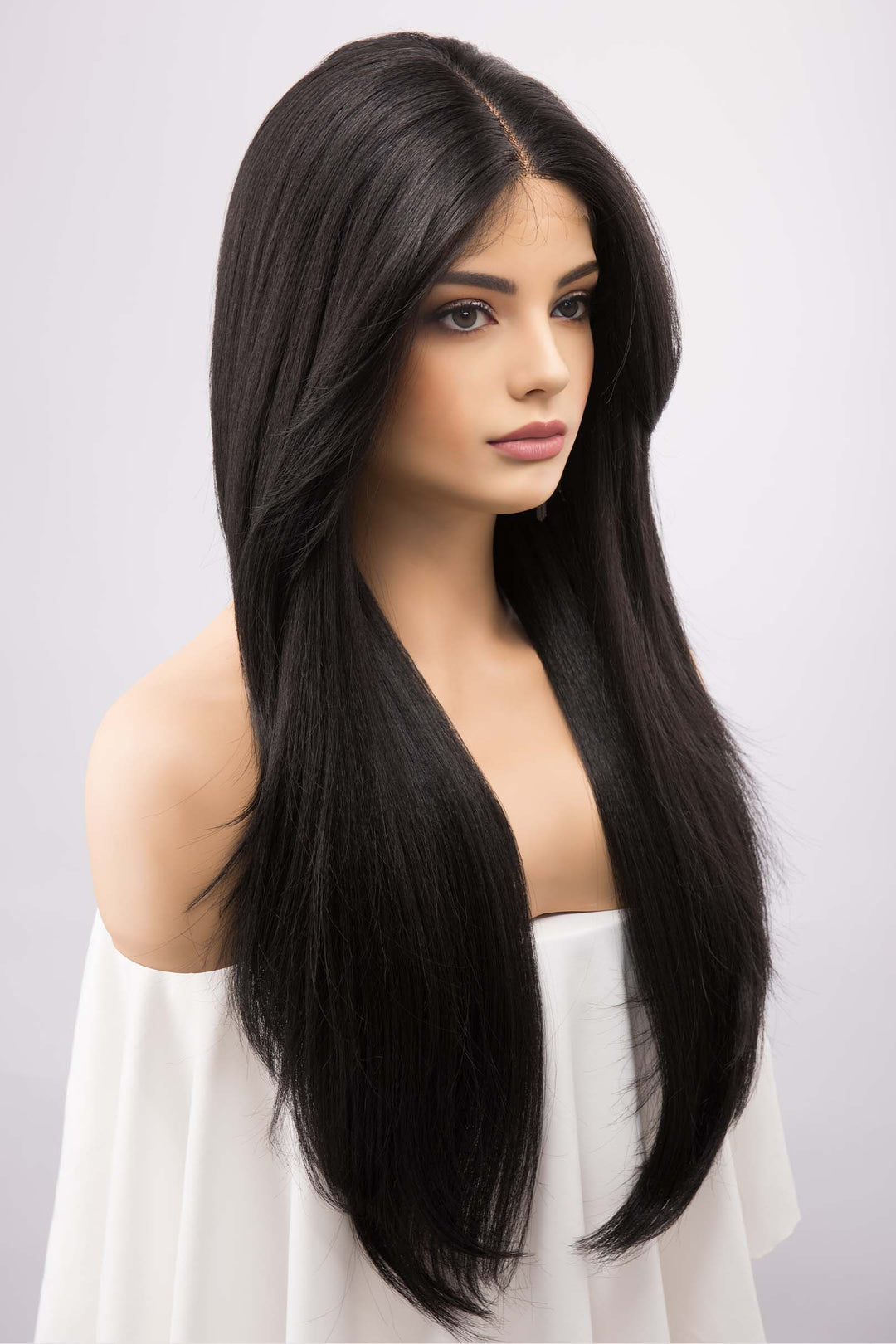 Jet Black Straight Lace Front Synthetic Wig with Curtain Bangs Melody