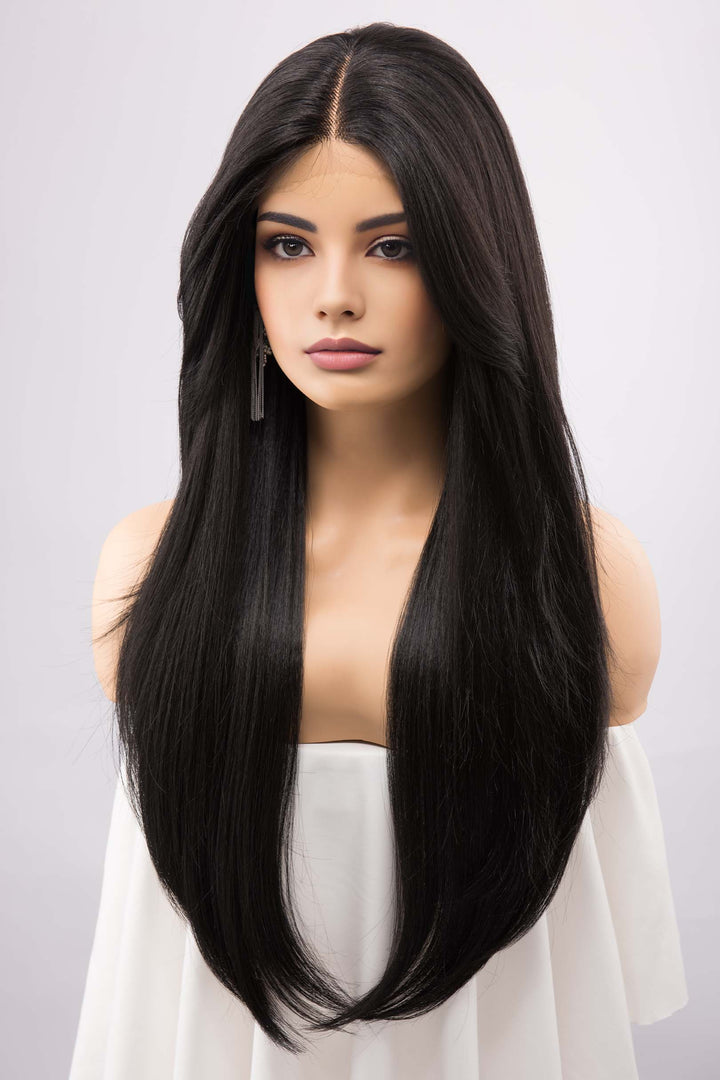 Jet Black Straight Lace Front Synthetic Wig with Curtain Bangs Melody