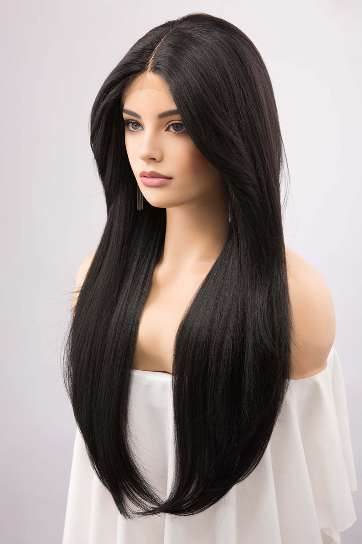Jet Black Straight Lace Front Synthetic Wig with Curtain Bangs Melody