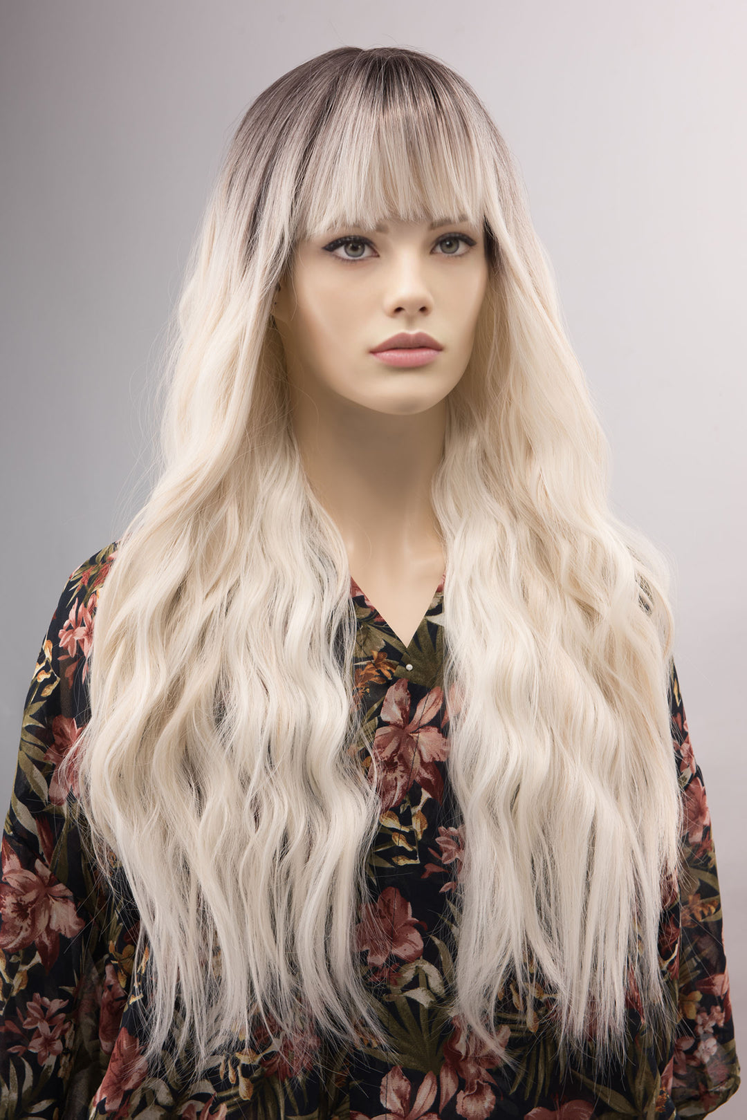 Dark Roots Platinum Blonde Silver Highlight Ombre Wavy Wig with Bangs | Nora