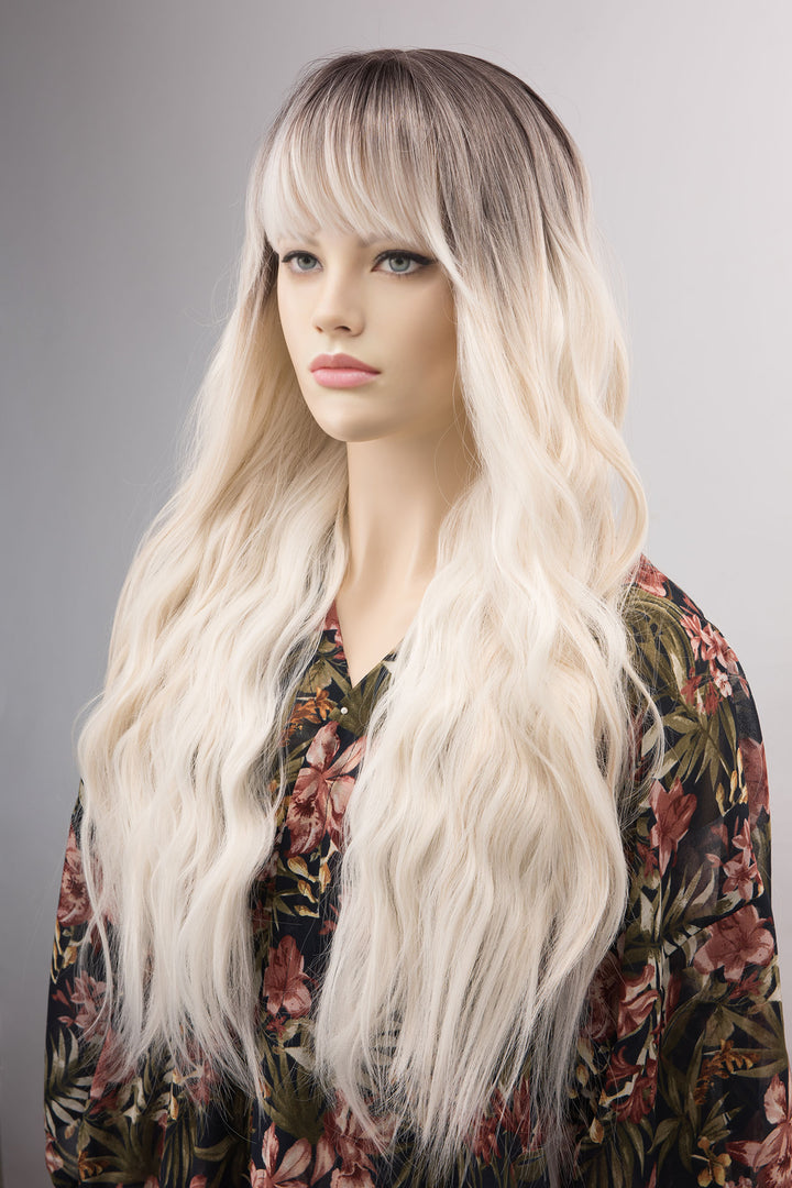 Dark Roots Platinum Blonde Silver Highlight Ombre Wavy Wig with Bangs | Nora