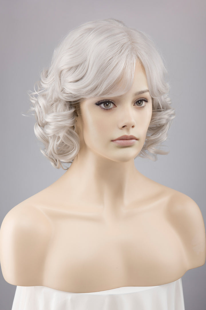 Ash Grey Side Part Wavy Curly Short Bob Wig with Bangs Octavia