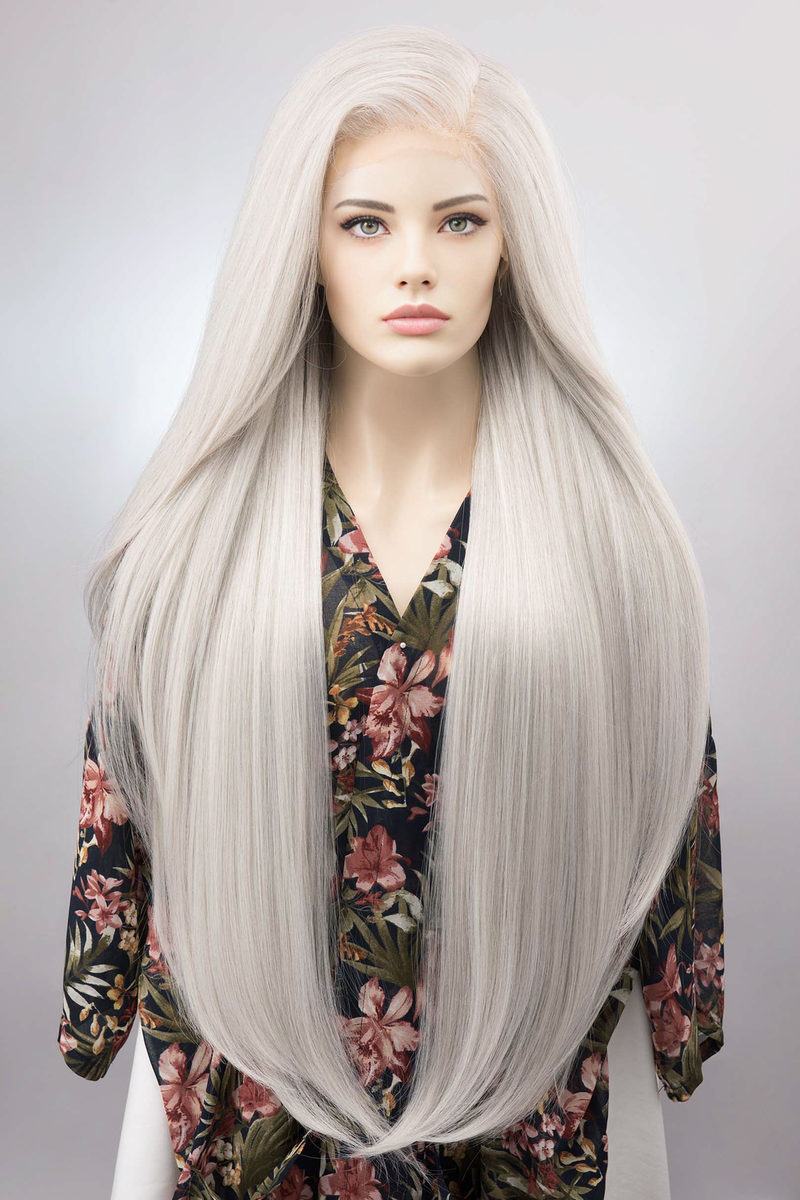 Pearl White Icy Silver Gray Straight Lace Top Synthetic Wig Odella