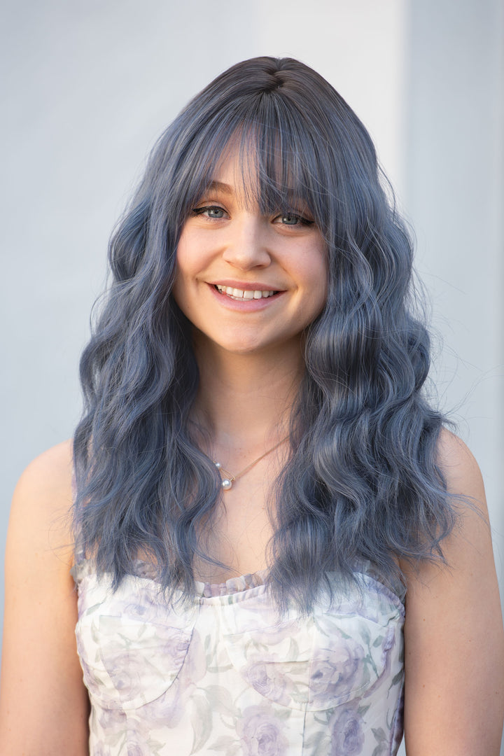Pastel Blue Ombre Wavy Synthetic Wig with Bangs Odeta