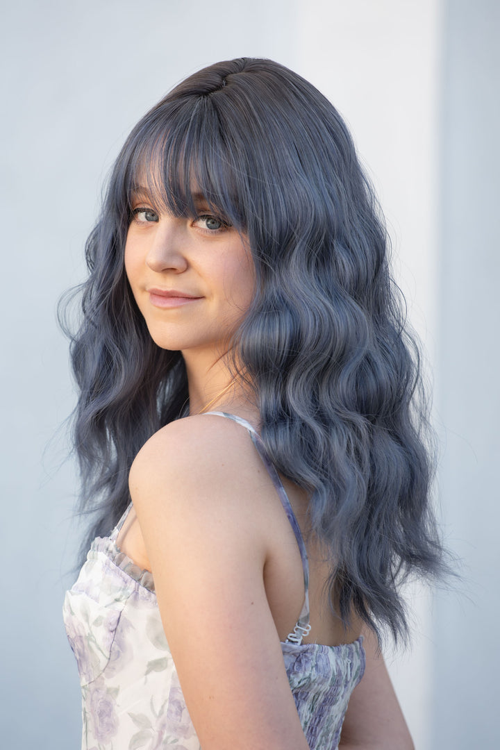 Pastel Blue Ombre Wavy Synthetic Wig with Bangs Odeta