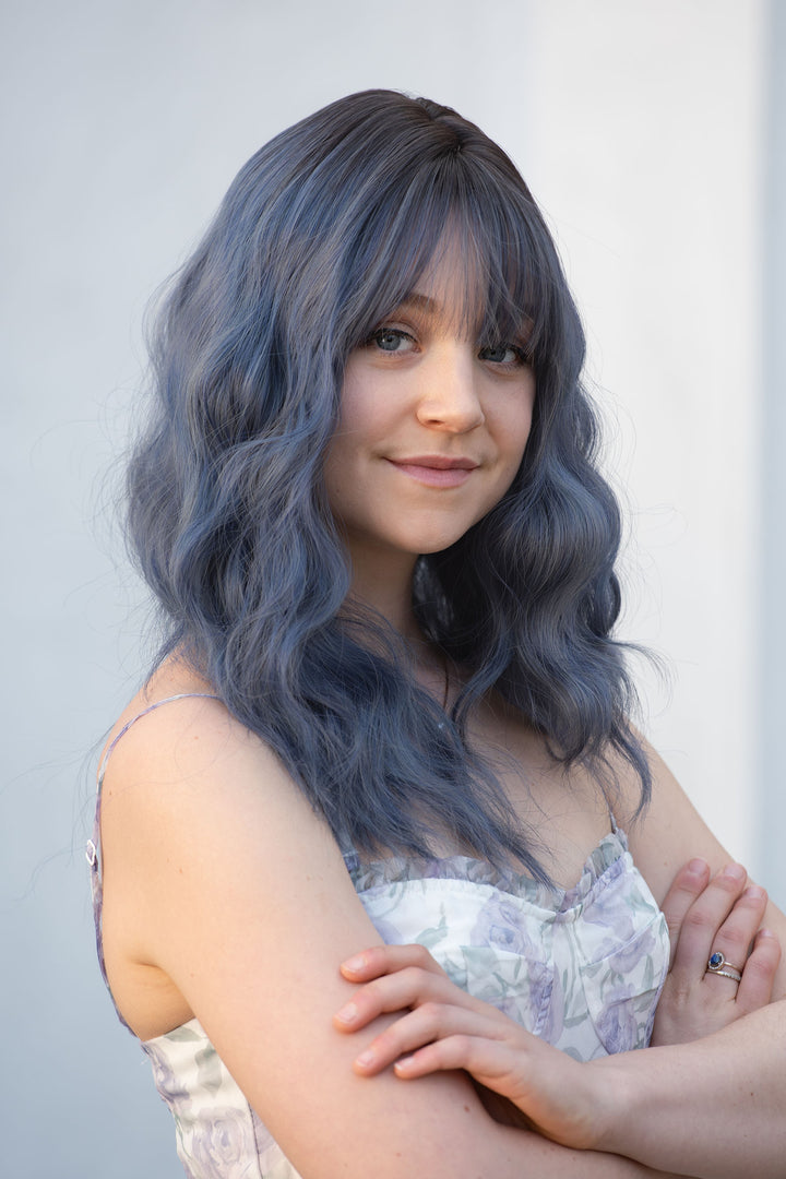 Pastel Blue Ombre Wavy Synthetic Wig with Bangs Odeta
