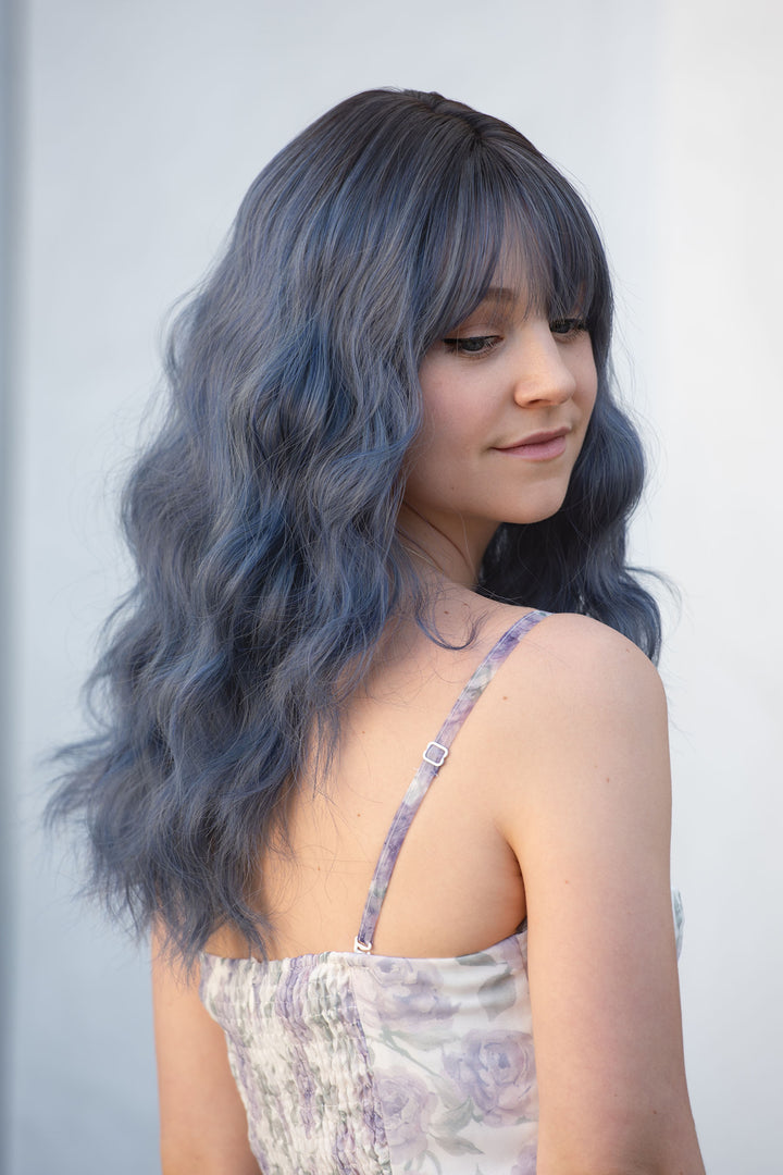 Pastel Blue Ombre Wavy Synthetic Wig with Bangs Odeta