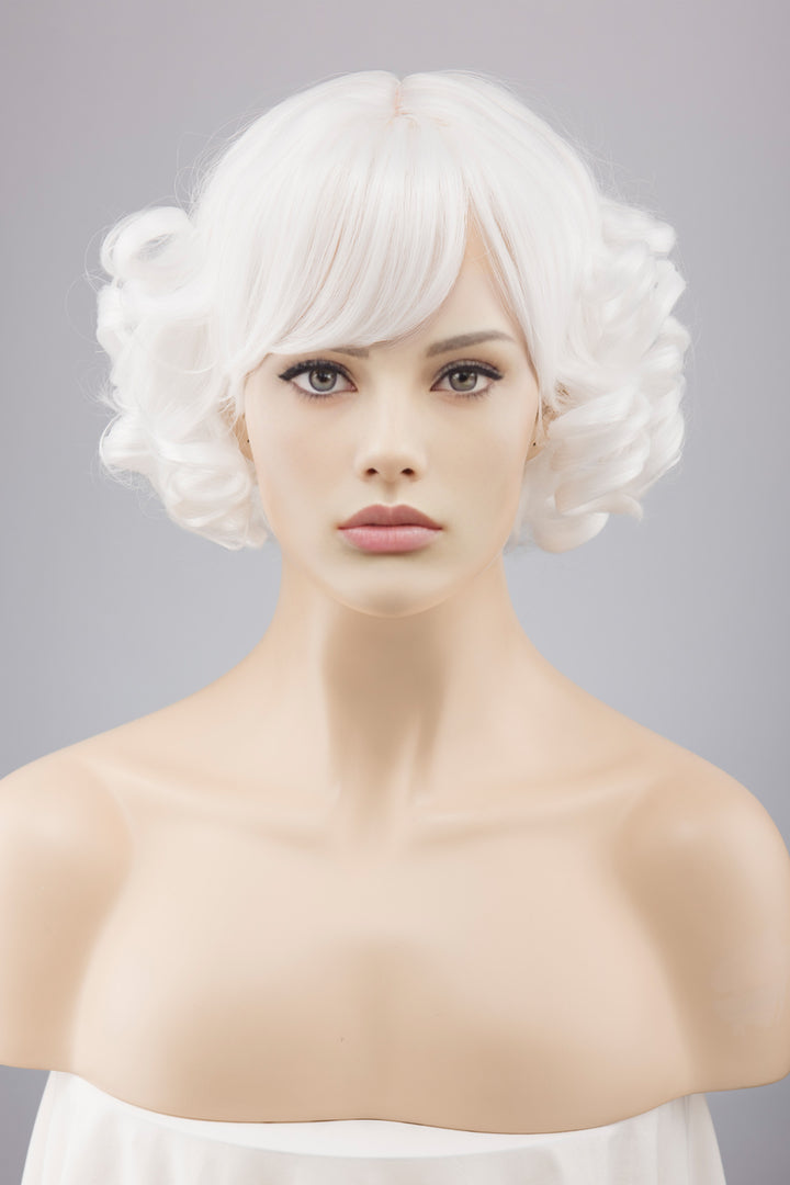 White Silver Side Part Wavy Curly Short Bob Wig with Bangs Ora