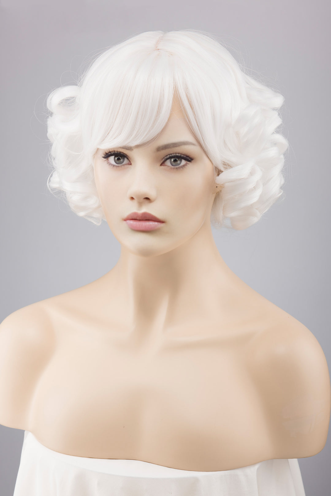 White Silver Side Part Wavy Curly Short Bob Wig with Bangs Ora