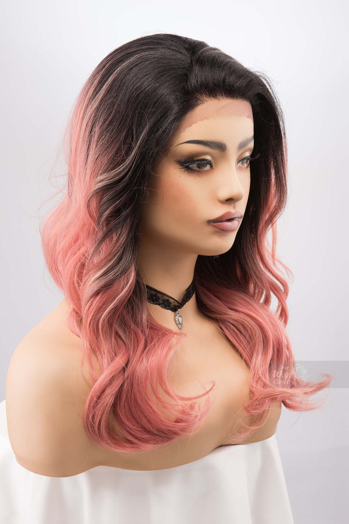 Ombre Peach Pink Wig Blush Pink Lace Front Wig with Dark Roots Free Part Lace Front Wig for Hair Loss Cosplay Wig Party Hair Posey