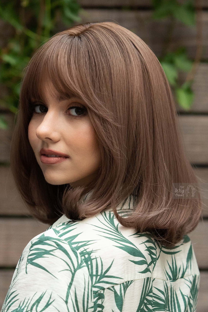 Dark Brown Pastel Pink Ombre Straight Wavy Long Bob Wig with Bangs Her Wig Closet Ava