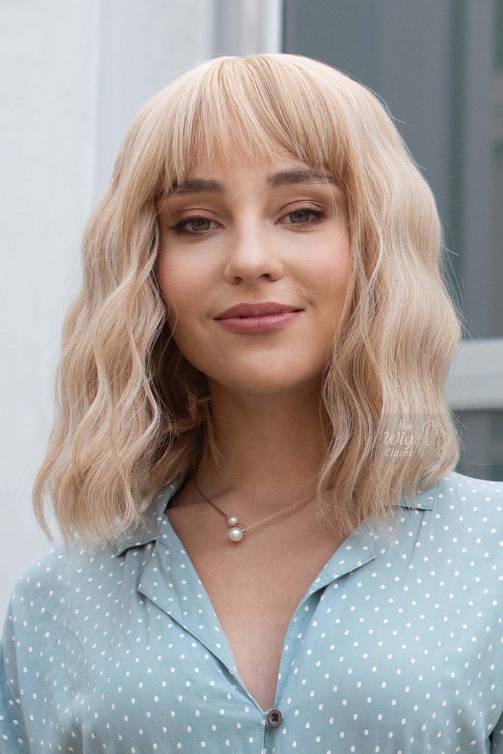 Golden Blonde Wavy Synthetic Bob Wig with Bangs Gwen